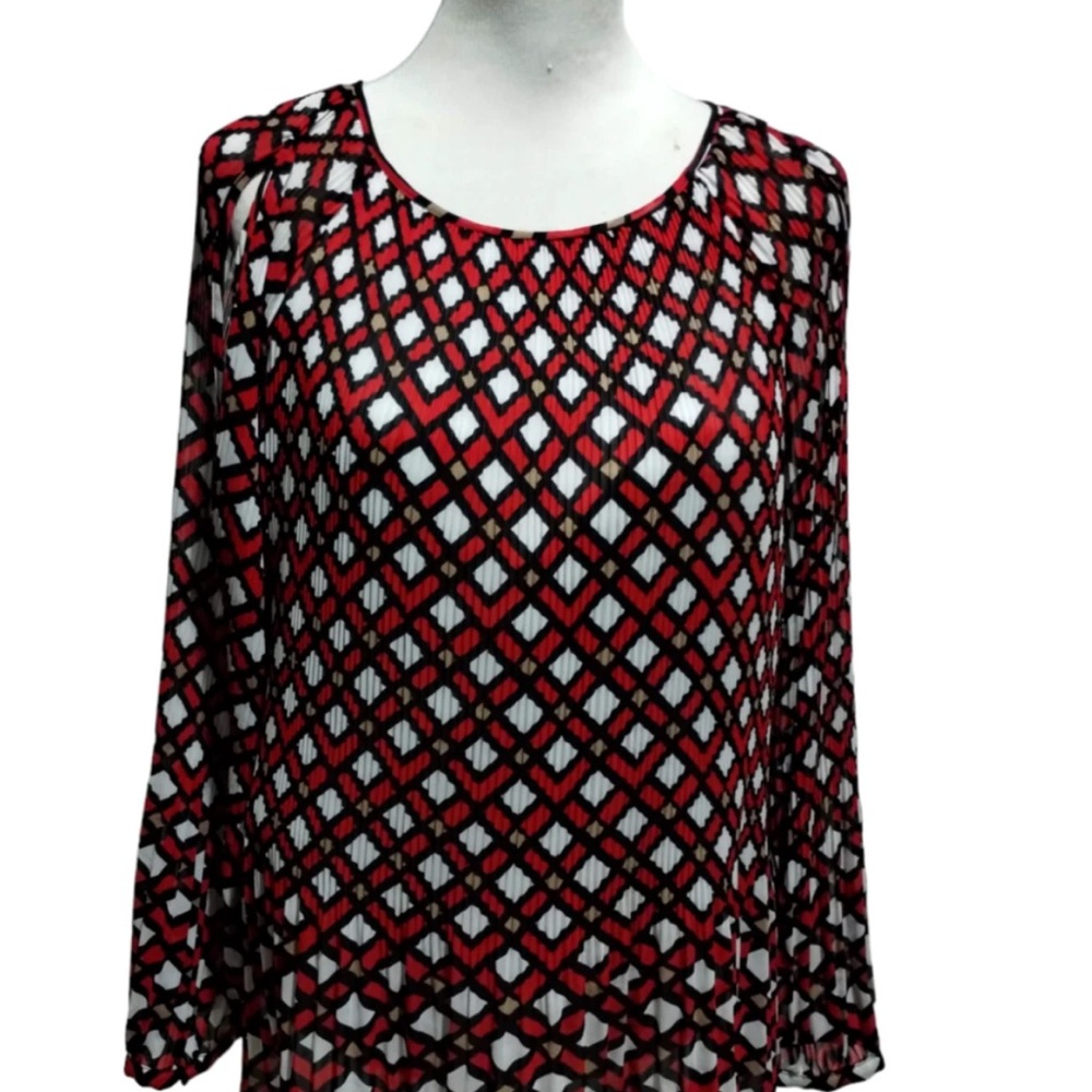 Chico's Vibrant Red and Black Patterned Blouse Size Large